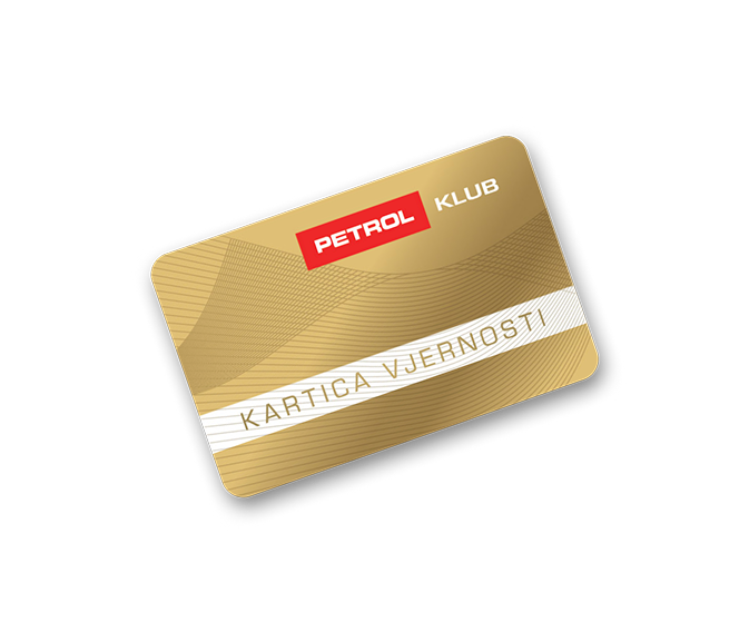 Zlata kartica vjernosti Petrol Klub z rdečim logotipom Petrol.