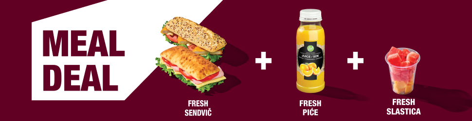 Fresh sendvič, svježe piće i svježi desert za samo 9,99 €. Na tamnocrvenoj pozadini prikazana su dva sendviča, bočica soka te Fresh desert – rezano voćem s dinjom i lubenicom.