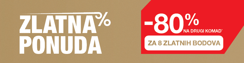 Na smeđe-zlatnoj pozadini nalazi se bijeli natpis „ZLATNA PONUDA“. Desno je crveni promotivni znak s tekstom: „–80 % na drugi komad*“ i ispod njega bijela traka s natpisom „ZA 8 ZLATNIH BODOVA“ u zlatnoj boji.