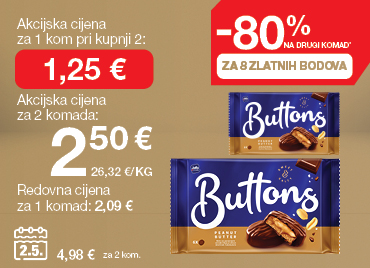 Keksi Jaffa Buttons prikazane na svijetlo smeđe-zlatnoj pozadini. Promocija: –80 % popusta na drugi komad za 8 Zlatnih bodova. Akcijska cijena za 1 komad pri kupnji 2: 1,25 €. Ukupna cijena za 2 komada: 2,50 € (26,32 €/kg). Redovna cijena za 1 komad: 2,09 €. Cijena na dan 02.05.2025: 4,98 € za 2 komada.