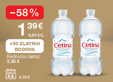 Voda Cetina na svijetlo smeđe-zlatnoj pozadini. Akcijska cijena: 1,39 € (0,93 €/L). Redovna cijena: 3,38 €. Popust: –58 %. Uz kupnju dobivate 30 Zlatnih bodova. Cijena na dan 02.05.2025: 4,10 €.