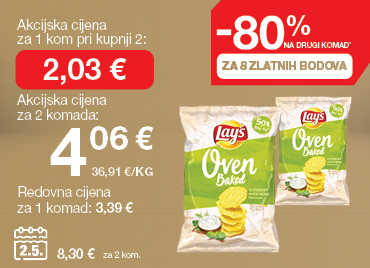 Čips Lay's Oven Baked prikazan na svijetlo smeđe-zlatnoj pozadini. Promocija: –80 % na drugi komad za 8 Zlatnih bodova. Akcijska cijena za 1 komad pri kupnji 2: 2,03 €. Ukupna cijena za 2 komada: 4,06 € (36,91 €/kg). Redovna cijena za 1 komad: 3,39 €. Cijena na dan 02.05.2025: 8,30 € za 2 komada.