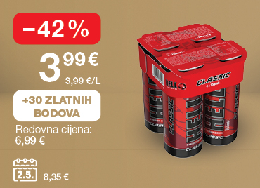 Energetski napitak Hell Classic na svijetlo smeđe-zlatnoj pozadini. Akcijska cijena: 3,99 € (3,99 €/L). Redovna cijena: 6,99 €. Popust: –42 %. Uz kupnju dobivate 30 Zlatnih bodova. Cijena na dan 02.05.2025:: 8,35 €.