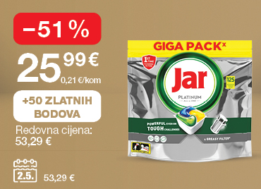 Tablete za pranje posuđa Jar Platinum prikazane na svijetlo smeđe-zlatnoj pozadini. Akcijska cijena: 25,99 € (0,21 €/kom). Redovna cijena: 53,29 €. Popust: –51 %. Uz kupnju dobivate 50 Zlatnih bodova. Cijena na dan 02.05.2025: 53,29 €.
