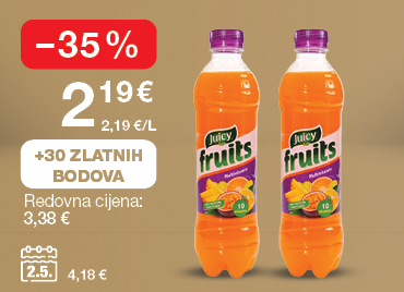 Sok Juicy Fruitsna svijetlo smeđe-zlatnoj pozadini. Akcijska cijena: 2,19 € (2,19 €/L). Redovna cijena: 3,38 €. Popust: –35 %. Uz kupnju dobivate 30 Zlatnih bodova. Cijena na dan 02.05.2025: 4,18 €.