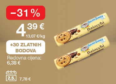 Keksi Mulino Bianco Baiocchi na svijetlo smeđe-zlatnoj pozadini. Akcijska cijena: 4,39 € (13,07 €/kg). Redovna cijena: 6,38 €. Popust: –31 %. Uz kupnju dobivate 30 Zlatnih bodova. Cijena na dan 02.05.2025: 7,78 €.