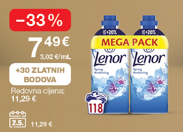 Omekšivač Lenor Spring prikazan na svijetlo smeđe-zlatnoj pozadini. Akcijska cijena: 7,49 € (3,02 €/mL). Redovna cijena: 11,29 €. Popust: –33 %. Uz kupnju dobivate 30 Zlatnih bodova. Cijena na dan 02.05.2025: 11,29 €.