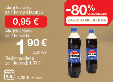 Gazirani napitak Pepsi prikazano na svijetlo smeđe-zlatnoj pozadini. Promocija: –80 % na drugi komad za 8 Zlatnih bodova. Akcijska cijena za 1 komad pri kupnji 2: 0,95 €. Ukupna cijena za 2 komada: 1,90 € (3,80 €/L). Redovna cijena za 1 komad: 1,59 €. Cijena na dan 02.05.2025: 4,38 € za 2 komada.