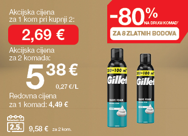 Pjena za brijanje Gillette Sensitive prikazana na svijetlo smeđe-zlatnoj pozadini. Promocija: –80 % na drugi komad za 8 Zlatnih bodova. Akcijska cijena za 1 komad pri kupnji 2: 2,69 €. Ukupna cijena za 2 komada: 5,38 € (0,27 €/L). Redovna cijena za 1 komad: 4,49 €. Cijena na dan 02.05.2025: 9,58 € za 2 komada.
