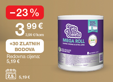 Papirnati ručnik Teta Violeta Mega prikazan na svijetlo smeđe-zlatnoj pozadini. Akcijska cijena: 3,99 € (3,99 €/kom). Redovna cijena: 5,19 €. Popust: –23 %. Uz kupnju dobivate 30 Zlatnih bodova. Cijena na dan 02.05.2025:: 5,19 €.