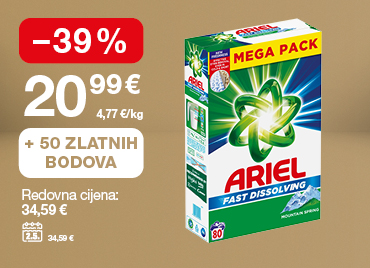 Na slici je deterdžent za pranje rublja Ariel Mega Pack. Redovna cijena iznosi 34,59 €, a uz 50 Zlatnih bodova cijena je niža za 39%, odnosno iznosi 20,99 € (4,77 €/kg). Cijena na dan 2. 5. iznosila je 34,59 €.