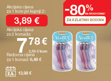 Na slici su ženski brijači Venus 3. Redovna cijena za jedan paket iznosi 6,49 €, a uz 8 Zlatnih bodova na drugi paket ostvaruje se popust od 80%. Akcijska cijena za jedan paket pri kupnji dva iznosi 3,89 €, dok je ukupna cijena za dva paketa 7,78 € (2,59 €/kom). Cijena na dan 2. 5. iznosila je 13,98 €.
