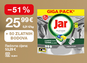 Na slici su kapsule za pranje posuđa Jar Platinum Giga Pack (125 kom). Redovna cijena iznosi 53,29 €, a uz 50 Zlatnih bodova cijena je niža za 51%, odnosno iznosi 25,99 € (0,21 €/kom). Cijena na dan 2. 5. iznosila je 53,29 €.