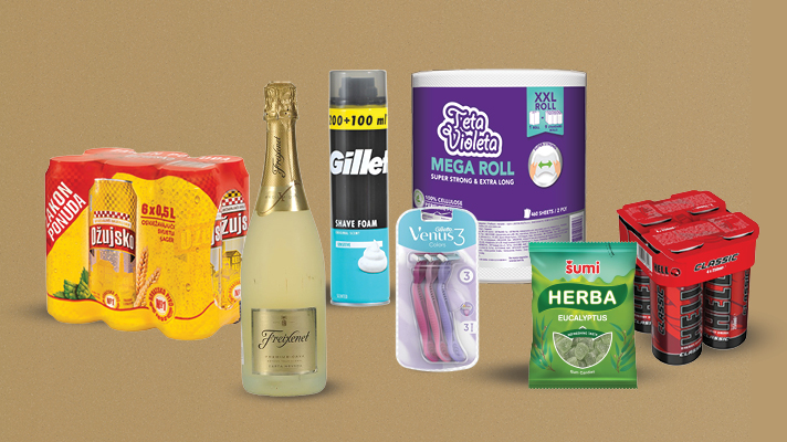 U sklopu promotivne akcije Zlatna ponuda na slici su proizvodi: Munchmallow, pjenušavo vino Freixenet, britvice i pjena za brijanje Gillette, ženske britvice Venus, bomboni Šumi Herba, slani snack Pom-Bär te čokolada Milka.