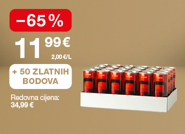 Na slici je energetsko piće Q Drink, pakiranje 24 × 0,25 L. Redovna cijena iznosi 34,99 €, a uz 50 Zlatnih bodova cijena je niža za 65%, odnosno iznosi 11,99 € (2,00 €/L).