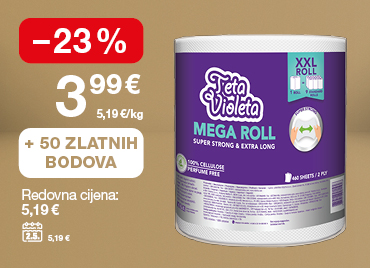 Na slici je papirnati ručnik Teta Violeta Mega Roll. Redovna cijena iznosi 5,19 €, a uz 50 Zlatnih bodova cijena je niža za 23%, odnosno iznosi 3,99 € (5,19 €/kg). Cijena na dan 2. 5. iznosila je 5,19 €.