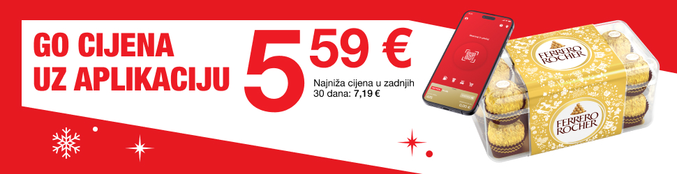 Na slici je oglas s crvenom pozadinom na kojem je ispisan tekst “GO CIJENA UZ APLIKACIJU 5,59 €”. Uz cijenu je navedeno i “Najniža cijena u zadnjih 30 dana: 7,19 €”. Na desnoj strani prikazani su mobilni telefon s otvorenom aplikacijom te kutija Ferrero Rocher u zlatnom pakiranju. Oko elemenata nalaze se i mali blagdanski ukrasi u obliku pahulja i zvjezdica.