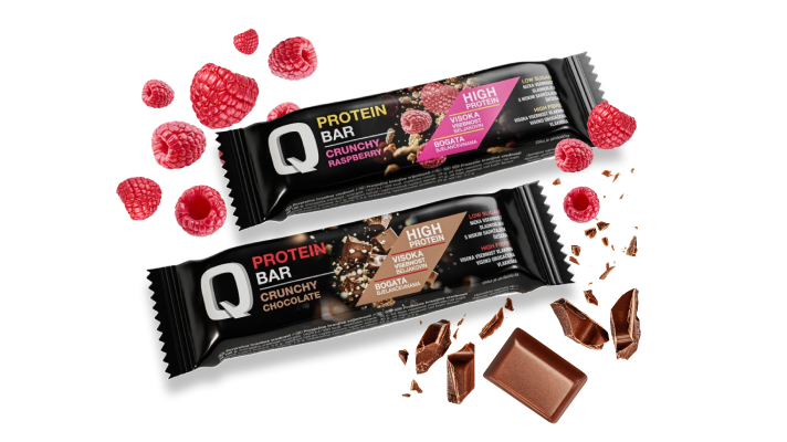 Q Protein Bar crunchy chocolate ili raspberry