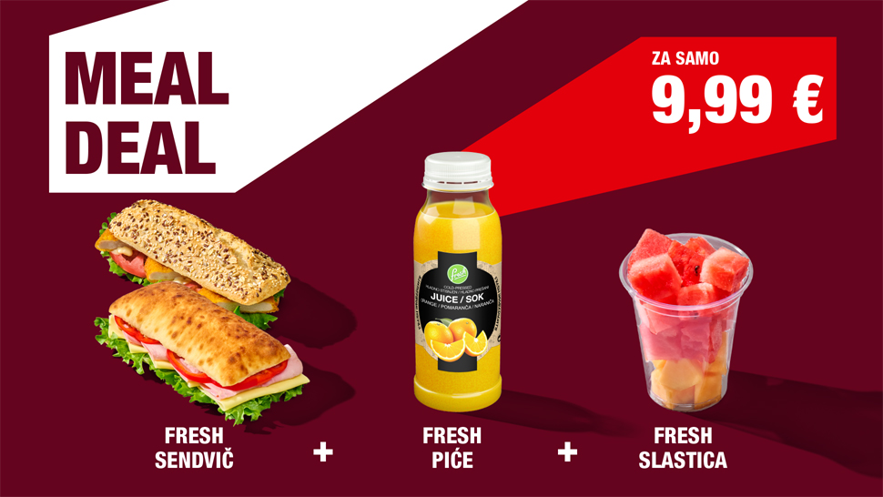 Meal Deal at Petrol and Crodux locations: Fresh sandwich, drink and sliced fruit – a delicious and convenient meal on the go.