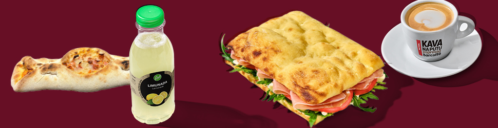 Sendvič s pršutom i rukolom u focaccia kruhu uz šalicu kave.