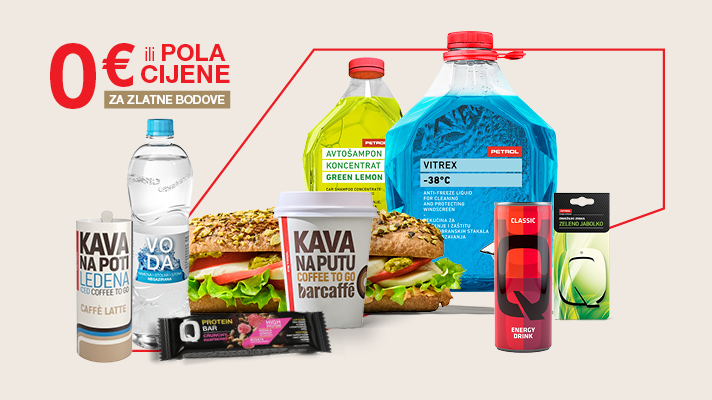 Na slici je izbor Petrol proizvoda: kava Kava na poti (ledena i topla), boca vode, sendvič, proteinska pločica, energetsko piće te proizvodi za vozilo, uz oznaku 0 € ili pola cijene za zlatne bodove.
