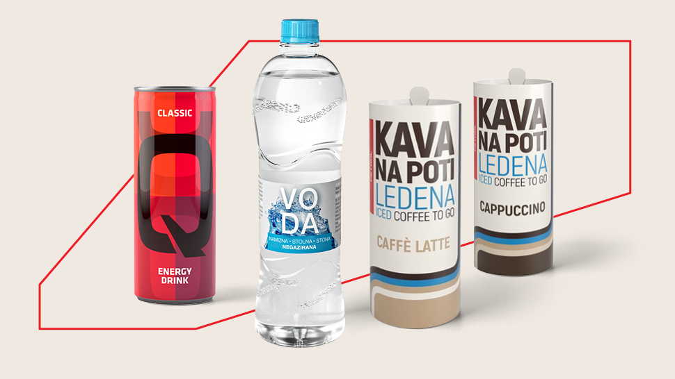 Na slici su energetsko piće, boca vode i ledena kava Kava na poti u različitim varijantama.