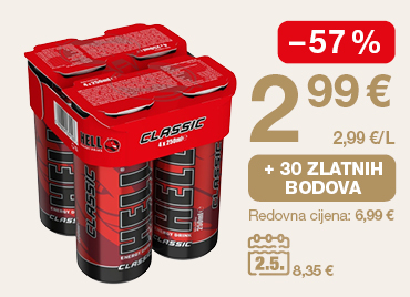 Hell Energy Classic energetsko piće u pakiranju limenki. Popust –57 %. Cijena 2,99 €, 2,99 €/l. Dodatno: +30 zlatnih bodova. Redovna cijena 6,99 €, ranija cijena 8,35 €. Akcijska ponuda vrijedi do 2. 5.
