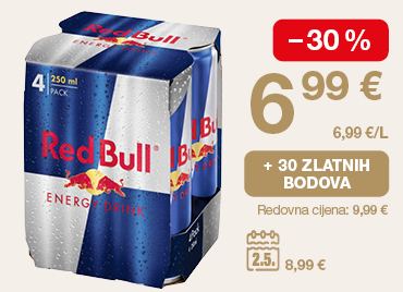 Red Bull Energy Drink, pakiranje 4 × 250 ml. Popust –30 %. Cijena 6,99 €, 6,99 €/l. Dodatno: +30 zlatnih bodova. Redovna cijena 9,99 €, ranija cijena 8,99 €. Akcijska ponuda vrijedi do 2. 5.