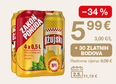 Ožujsko svijetlo lager pivo, pakiranje 4 × 0,5 l, oznaka “Zakon ponuda”. Popust –34 %. Cijena 5,99 €, 3,00 €/l. Dodatno: +30 zlatnih bodova. Redovna cijena 9,09 €, ranija cijena 11,19 €. Akcijska ponuda vrijedi do 2. 5.