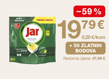 Jar Original sredstvo za pranje posuđa Mega Pack, New & Improved, učinkovito protiv masnoće. Popust –59 %. Cijena 19,79 €, 0,20 €/kom. Dodatno: +50 zlatnih bodova. Redovna cijena 47,99 €. Akcijska ponuda vrijedi do 2. 5.