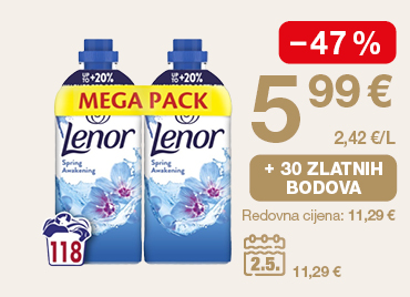 Lenor Spring Awakening omekšivač za rublje Mega Pack s oznakom “Up to +20 %”. Popust –47 %. Cijena 5,99 €, 2,42 €/l. Dodatno: +30 zlatnih bodova. Redovna cijena 11,29 €. Akcijska ponuda vrijedi do 2. 5.