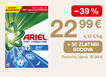 Ariel Fast Dissolving deterdžent za rublje Giant Economy pakiranje. Istaknuto: “Deep cleaning and 7 day long-lasting freshness”. Popust –39 %. Cijena 22,99 €, 4,18 €/kg. Dodatno: +50 zlatnih bodova. Redovna cijena 37,99 €. Akcijska ponuda vrijedi do 2. 5.