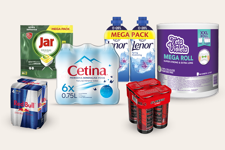 Zlatna ponuda. Na svijetloj pozadini istaknut je natpis “ZLATNA PONUDA”. Prikazani su proizvodi: Red Bull Energy Drink pakiranje 4 × 250 ml, Jar Original sredstvo za pranje posuđa Mega Pack, Cetina prirodna mineralna voda 6 × 0,75 l, Hell Energy Classic pakiranje i Teta Violeta Mega Roll XXL papirnati ručnici. Ponuda vrijedi do 2. 5.