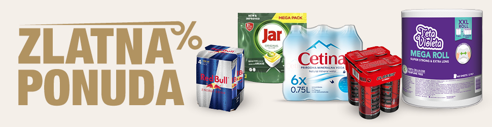 Zlatna ponuda. Na svijetloj pozadini istaknut je natpis “ZLATNA PONUDA”. Prikazani su proizvodi: Red Bull Energy Drink pakiranje 4 × 250 ml, Jar Original sredstvo za pranje posuđa Mega Pack, Cetina prirodna mineralna voda 6 × 0,75 l, Hell Energy Classic pakiranje i Teta Violeta Mega Roll XXL papirnati ručnici.