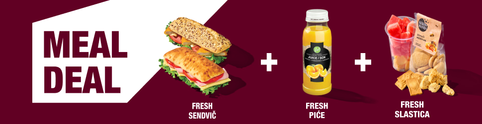 Meal deal kombinacija: sendvič + sok od naranče + slastica (kolačići i voće) uz promotivni natpis.