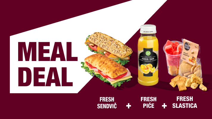 Meal deal ponuda: svježi sendvič, svježe piće i svježa slastica (kolačići i voće) na crvenoj pozadini.
