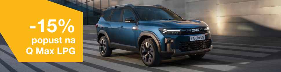 Moderan moder SUV vozi kroz gradsko okruženje, uz istaknuti žuti banner s tekstom “-15% popust na Q Max LPG”.