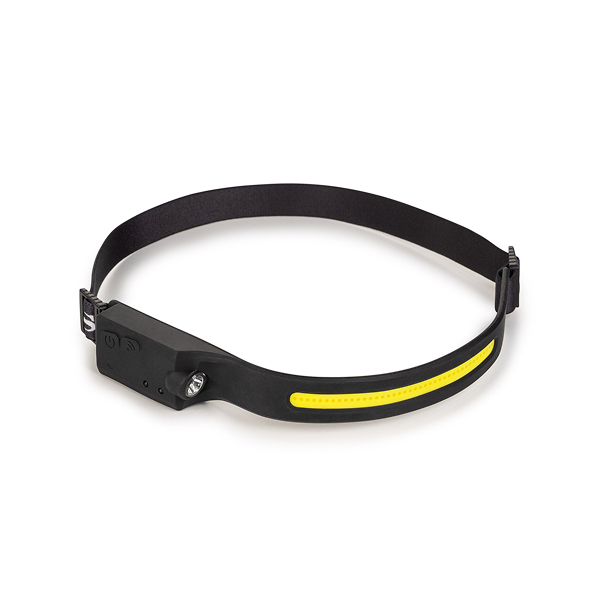 Naglavna LED svjetiljka NES Active s podesivom trakom i prednjim svjetlom, prikazana na svijetloj pozadini.