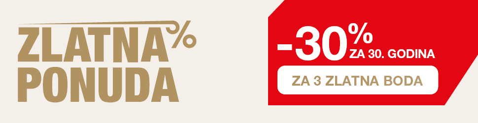 Promotivna grafika s tekstom „Zlatna ponuda” na lijevoj strani. Na desnoj strani istaknuta je pogodnost „-30 % za 30. rođendan” te dodatni tekst „Za 3 zlatna boda”.