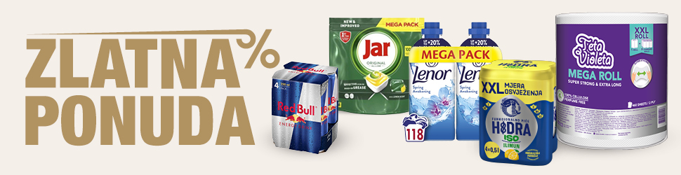 Promotivna grafika „Zlatna ponuda” prikazuje izbor proizvoda za kućanstvo. S desne strane nalaze se proizvodi poput Red Bull energetskog pića, Jar deterdženta za posuđe, Lenor omekšivača, Hidra sredstva za čišćenje te Teta Violeta papirnatih ručnika XXL pakiranja.