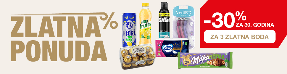 Promotivna grafika „Zlatna ponuda” prikazuje izbor različitih proizvoda široke potrošnje. Na lijevoj strani istaknut je naslov „Zlatna ponuda”, dok je na desnoj strani naglašena pogodnost „-30 % za 30. godina” i „Za 3 zlatna boda”. U sredini su prikazani proizvodi poput pića (Hidra, Juice), britvica, higijenskih proizvoda (Zewa), slatkiša (Ferrero Rocher, Milka) i drugih artikala.