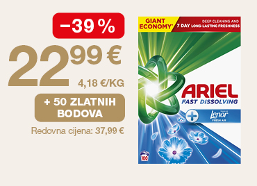 Promotivna grafika prikazuje Ariel Fast Dissolving deterdžent za rublje (Giant Economy pakiranje). S lijeve strane istaknuta je akcijska cijena 22,99 € uz popust od -39 % te cijena po kilogramu 4,18 €/kg. Prikazana je i pogodnost „+ 50 zlatnih bodova”, dok je ispod navedena redovna cijena 37,99 €.