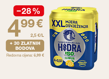 Promotivna grafika prikazuje pakiranje pića Hidra SO Limun (4 x 0,5 l) s oznakom „XXL mjera osvježenja”. S lijeve strane istaknuta je akcijska cijena 4,99 € uz popust od -28 %, cijena po litri 2,5 €/L te dodatna pogodnost „+ 30 zlatnih bodova”. Ispod je navedena redovna cijena 6,99 €.