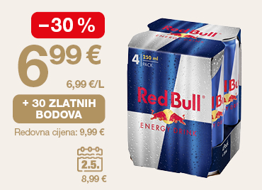 Promotivna grafika prikazuje pakiranje Red Bull energetskog pića (4 x 250 ml). S lijeve strane istaknuta je akcijska cijena 6,99 € uz popust od -30 % te cijena po litri 6,99 €/L. Prikazana je i pogodnost „+ 30 zlatnih bodova”, dok je ispod navedena redovna cijena 9,99 €. Dodatno je prikazana i vremenski ograničena ponuda označena kalendarom (2.5.) s posebnom cijenom 8,99 €.