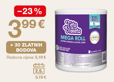 Promotivna grafika prikazuje Teta Violeta Mega Roll papirnate ručnike (XXL rola). S lijeve strane istaknuta je akcijska cijena 3,99 € uz popust od -23 %. Prikazana je i pogodnost „+ 30 zlatnih bodova”, dok je ispod navedena redovna cijena 5,19 €. Dodatno je prikazana i vremenski ograničena ponuda označena kalendarom (2.5.) s istaknutom cijenom 5,19 €.