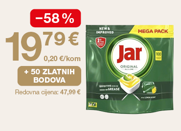 Promotivna grafika prikazuje Jar Original kapsule za pranje posuđa (Mega Pack). S lijeve strane istaknuta je akcijska cijena 19,79 € uz popust od -58 % te cijena po komadu 0,20 €/kom. Prikazana je i pogodnost „+ 50 zlatnih bodova”, dok je ispod navedena redovna cijena 47,99 €.
