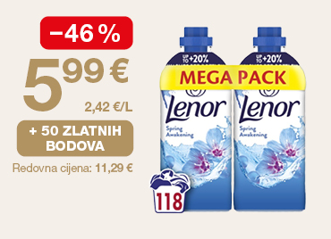 Promotivna grafika prikazuje Lenor omekšivač rublja Spring Awakening (Mega Pack, 118 pranja). S lijeve strane istaknuta je akcijska cijena 5,99 € uz popust od -46 % te cijena po litri 2,42 €/L. Prikazana je i pogodnost „+ 50 zlatnih bodova”, dok je ispod navedena redovna cijena 11,29 €.