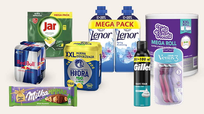 Prikaz skupine proizvoda iz ponude uključuje Red Bull energetsko piće, Jar kapsule za pranje posuđa (Mega Pack), Lenor omekšivač (Mega Pack), Hidra napitak, Milka čokoladu, Gillette pjenu za brijanje, Gillette Venus britvice te Teta Violeta papirnate ručnike XXL.