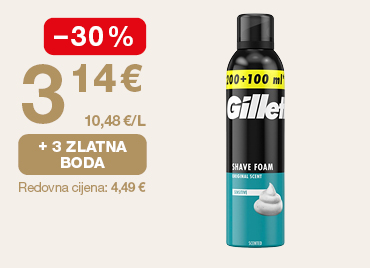 Promotivna grafika prikazuje Gillette pjenu za brijanje (Regular). S lijeve strane istaknuta je akcijska cijena 3,14 € uz popust od -30 % te cijena po litri 10,48 €/L. Prikazana je i pogodnost „+ 3 zlatna boda”, dok je ispod navedena redovna cijena 4,49 €.