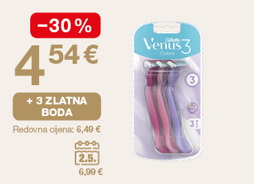 Promotivna grafika prikazuje Gillette Venus 3 Colors britvice u pakiranju (3 komada). S lijeve strane istaknuta je akcijska cijena 4,54 € uz popust od -30 %. Prikazana je i pogodnost „+ 3 zlatna boda”, dok je ispod navedena redovna cijena 6,49 €. Dodatno je prikazana i vremenski ograničena ponuda označena kalendarom (2.5.) s cijenom 6,99 €.